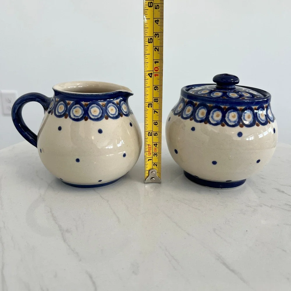 Vtg German‎ Pottery Creamer Pitcher Sugar Bowl Polish Pottery Style Hand Painted